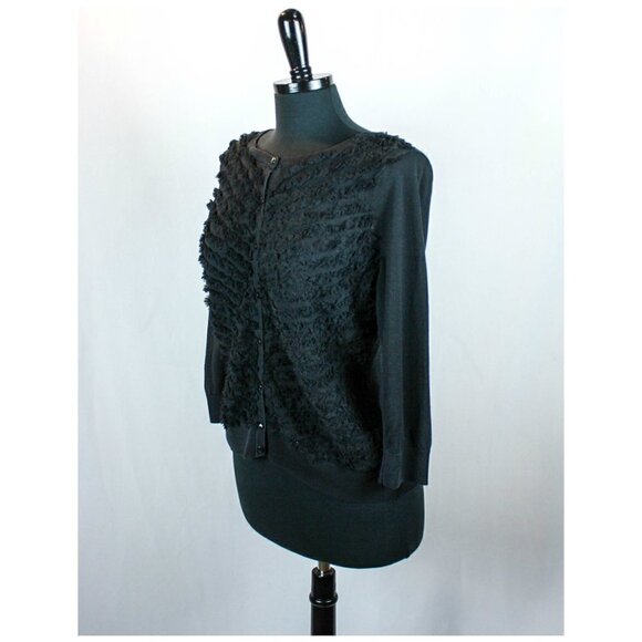 Talbots Black Cardigan Sweater Silk Ruffle… - Picture 2 of 6